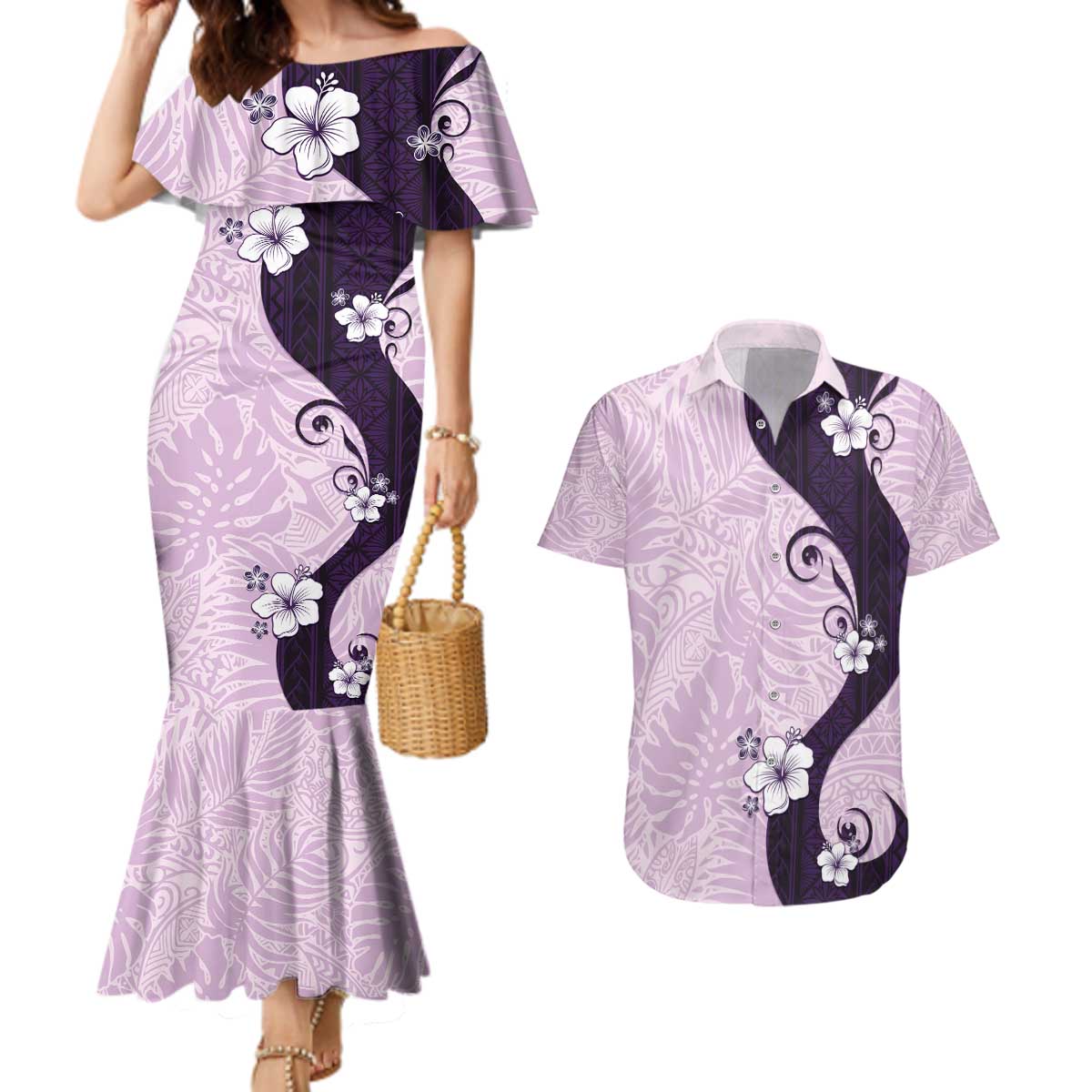 Polynesia Hibiscus Couples Matching Mermaid Dress and Hawaiian Shirt Thistle Curve Motif - Polynesian Pride