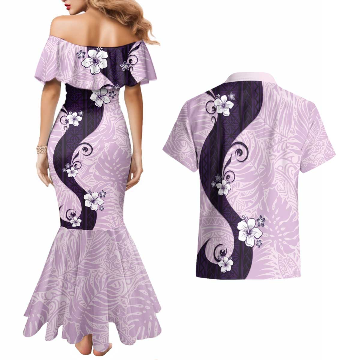 Polynesia Hibiscus Couples Matching Mermaid Dress and Hawaiian Shirt Thistle Curve Motif - Polynesian Pride