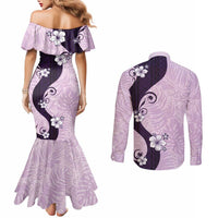 Polynesia Hibiscus Couples Matching Mermaid Dress and Long Sleeve Button Shirt Thistle Curve Motif - Polynesian Pride