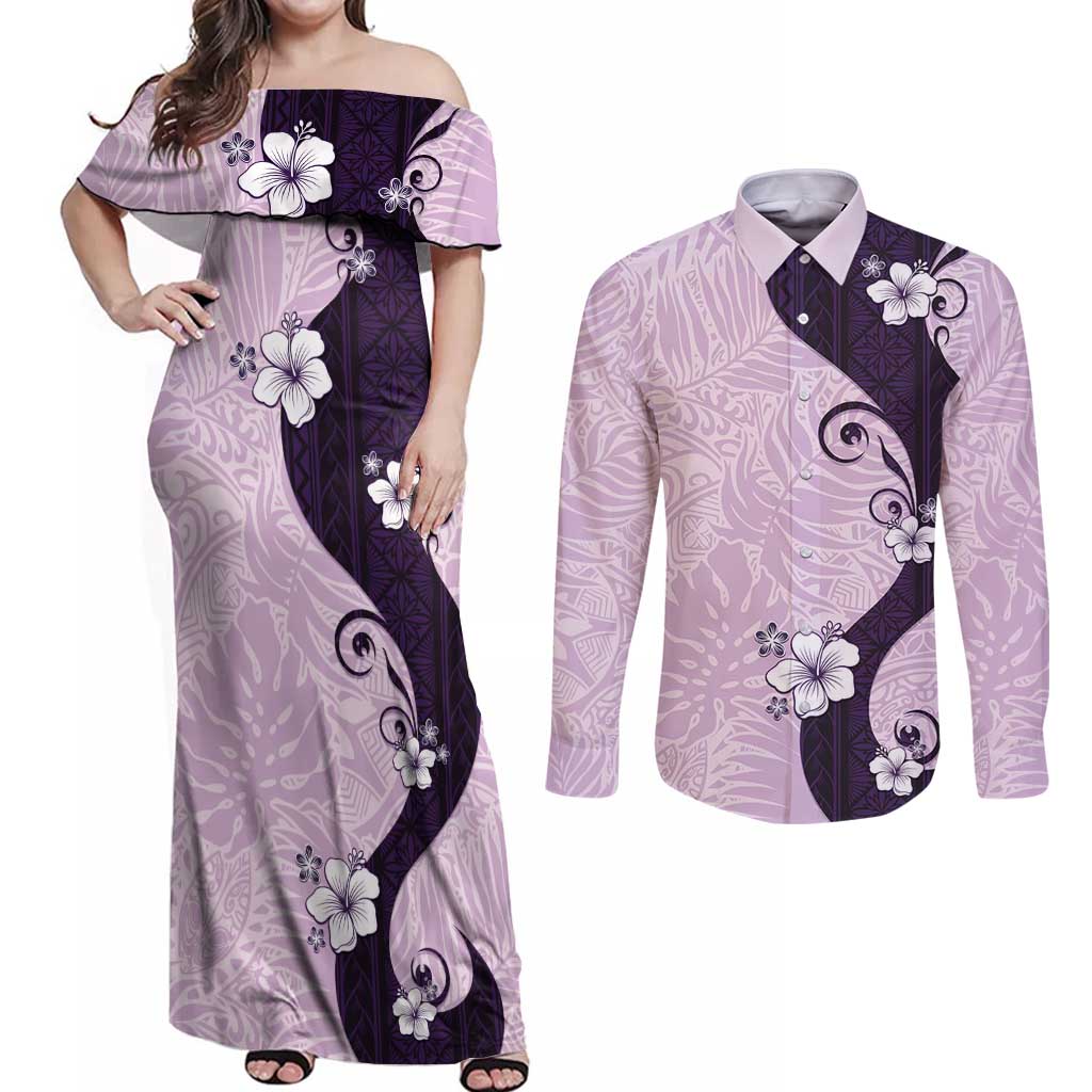 Polynesia Hibiscus Couples Matching Off Shoulder Maxi Dress and Long Sleeve Button Shirt Thistle Curve Motif - Polynesian Pride
