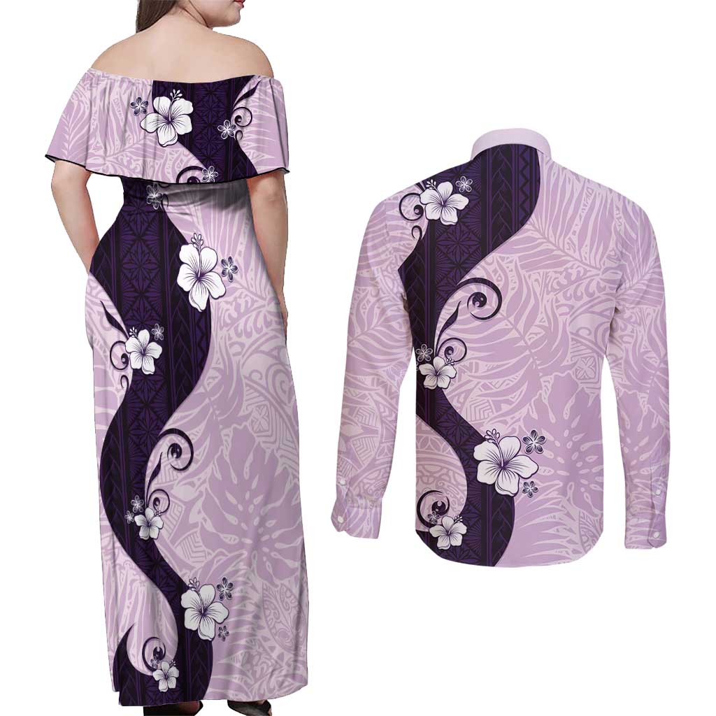 Polynesia Hibiscus Couples Matching Off Shoulder Maxi Dress and Long Sleeve Button Shirt Thistle Curve Motif - Polynesian Pride