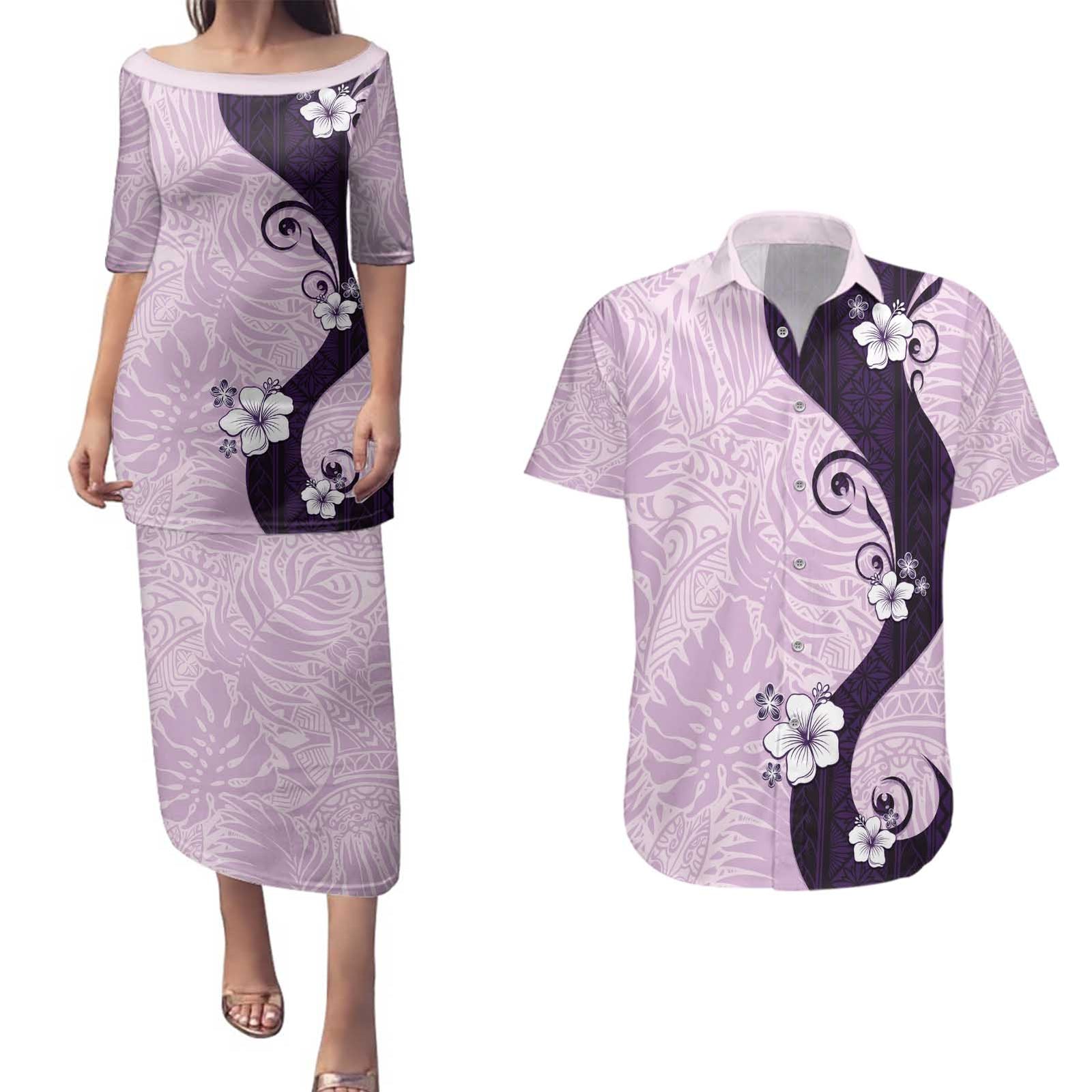 Polynesia Hibiscus Couples Matching Puletasi and Hawaiian Shirt Thistle Curve Motif LT05 Purple - Polynesian Pride