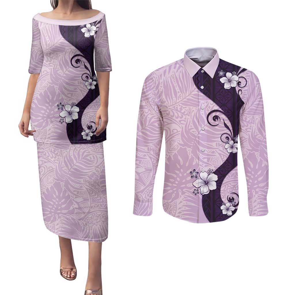 Polynesia Hibiscus Couples Matching Puletasi and Long Sleeve Button Shirt Thistle Curve Motif - Polynesian Pride