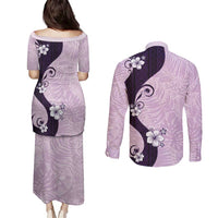 Polynesia Hibiscus Couples Matching Puletasi and Long Sleeve Button Shirt Thistle Curve Motif - Polynesian Pride