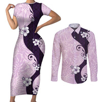 Polynesia Hibiscus Couples Matching Short Sleeve Bodycon Dress and Long Sleeve Button Shirt Thistle Curve Motif LT05 Purple - Polynesian Pride