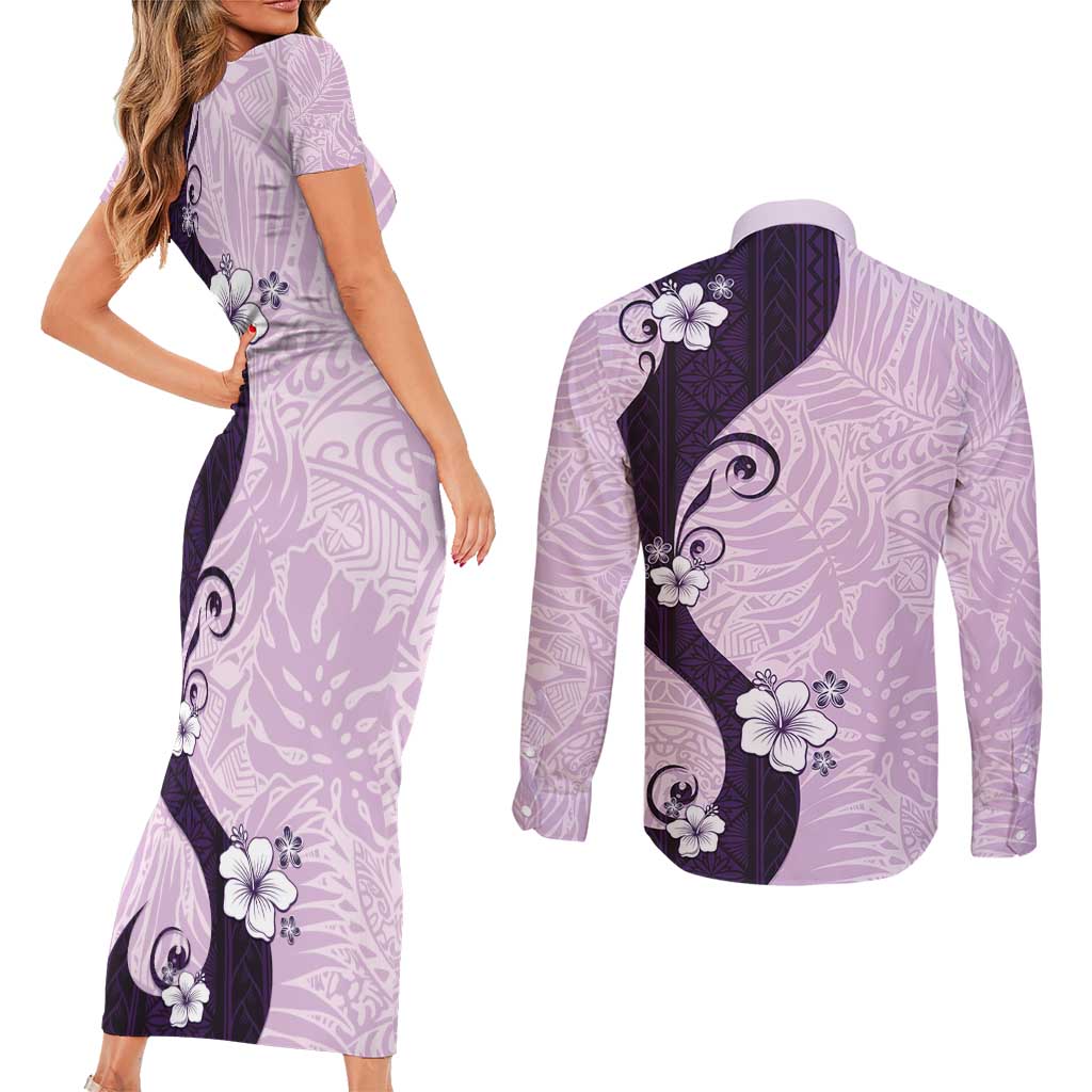 Polynesia Hibiscus Couples Matching Short Sleeve Bodycon Dress and Long Sleeve Button Shirt Thistle Curve Motif LT05 - Polynesian Pride