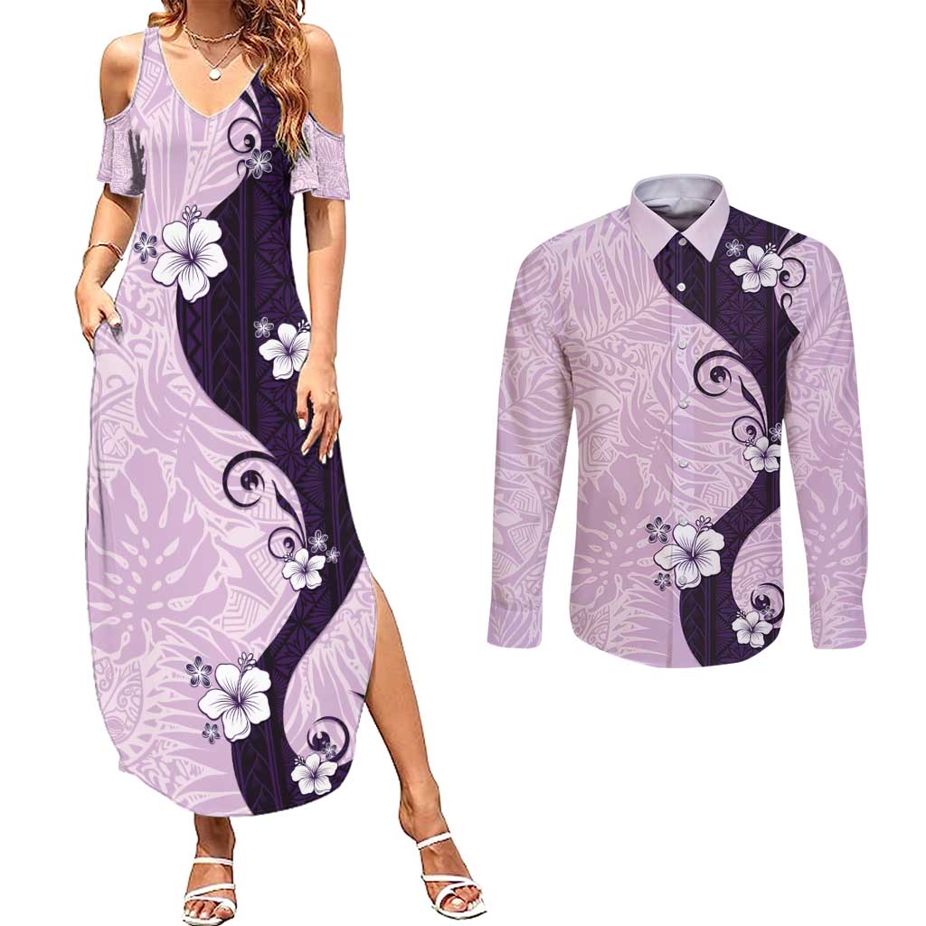 Polynesia Hibiscus Couples Matching Summer Maxi Dress and Long Sleeve Button Shirt Thistle Curve Motif - Polynesian Pride