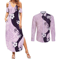 Polynesia Hibiscus Couples Matching Summer Maxi Dress and Long Sleeve Button Shirt Thistle Curve Motif - Polynesian Pride