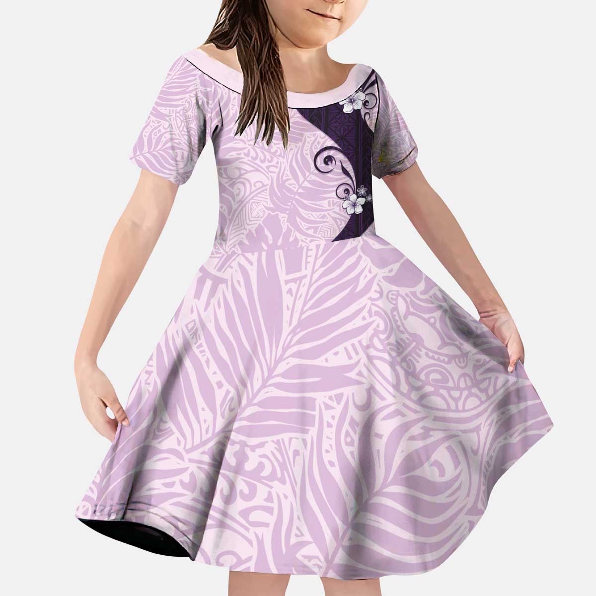 Polynesia Hibiscus Kid Short Sleeve Dress Thistle Curve Motif - Polynesian Pride