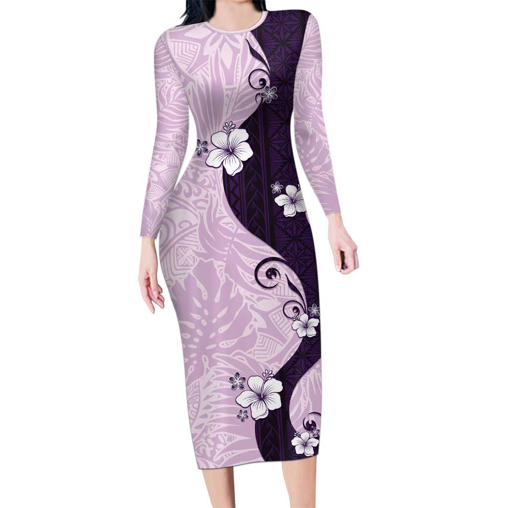 Polynesia Hibiscus Long Sleeve Bodycon Dress Thistle Curve Motif - Polynesian Pride