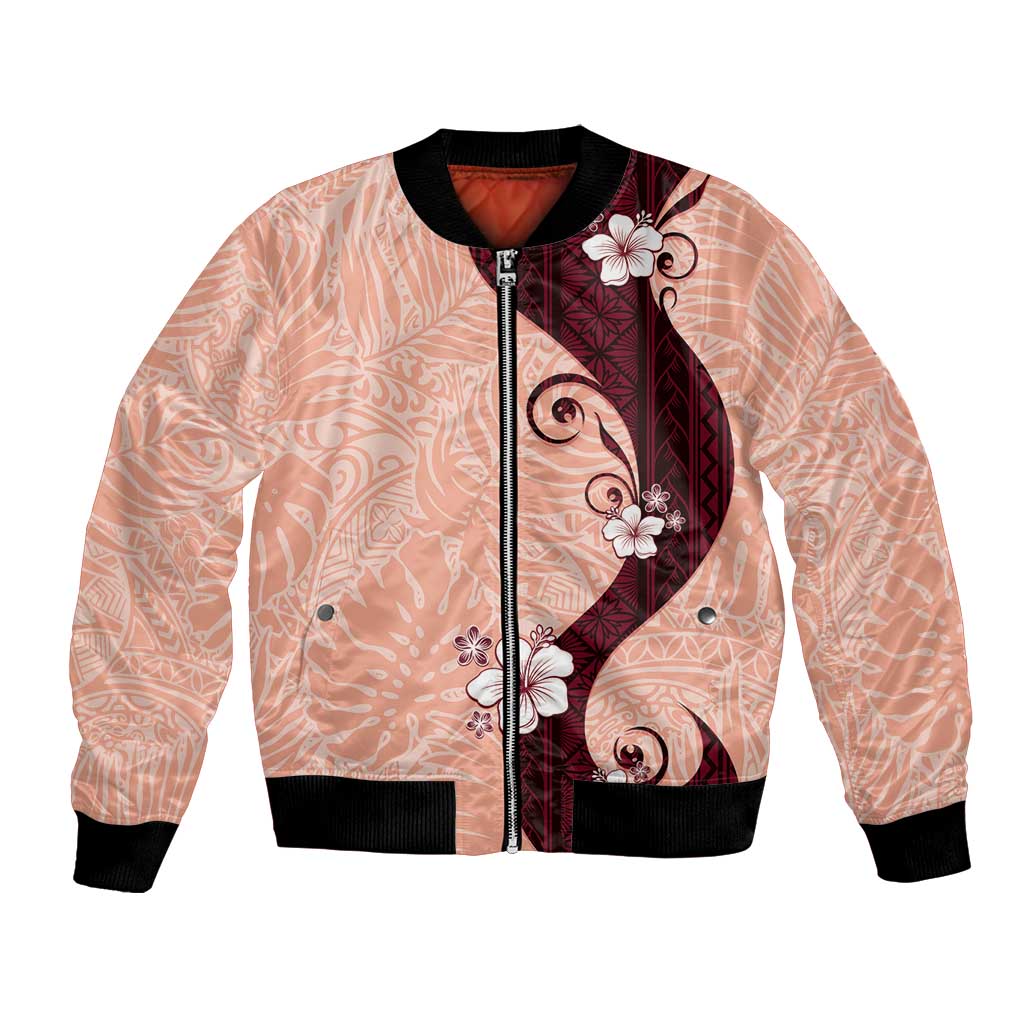 Polynesia Hibiscus Bomber Jacket Rose Bud Curve Motif LT05 Unisex Red - Polynesian Pride