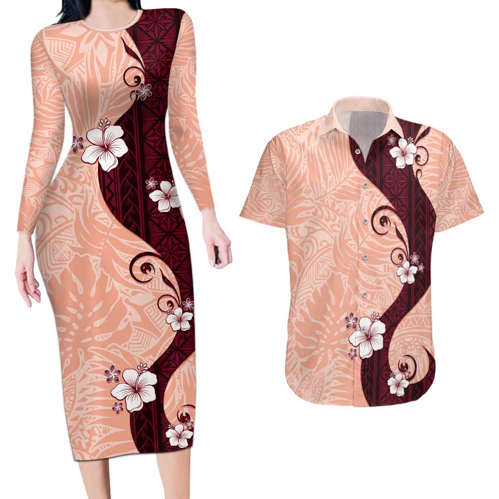 Polynesia Hibiscus Couples Matching Long Sleeve Bodycon Dress and Hawaiian Shirt Rose Bud Curve Motif - Polynesian Pride