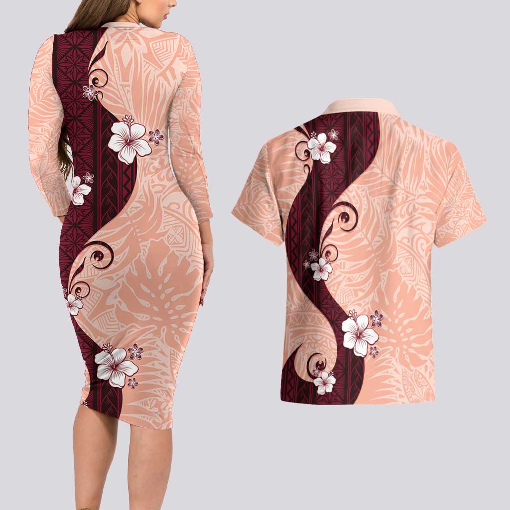 Polynesia Hibiscus Couples Matching Long Sleeve Bodycon Dress and Hawaiian Shirt Rose Bud Curve Motif - Polynesian Pride