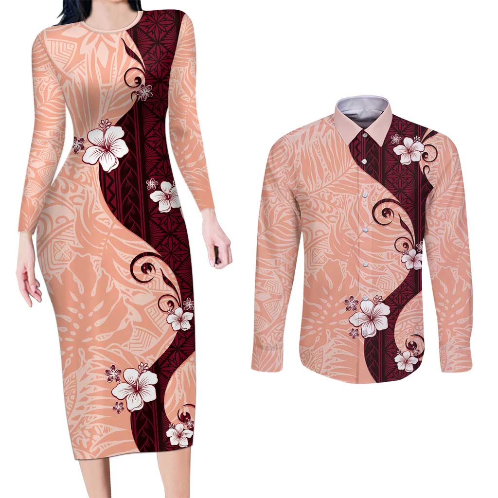 Polynesia Hibiscus Couples Matching Long Sleeve Bodycon Dress and Long Sleeve Button Shirt Rose Bud Curve Motif - Polynesian Pride