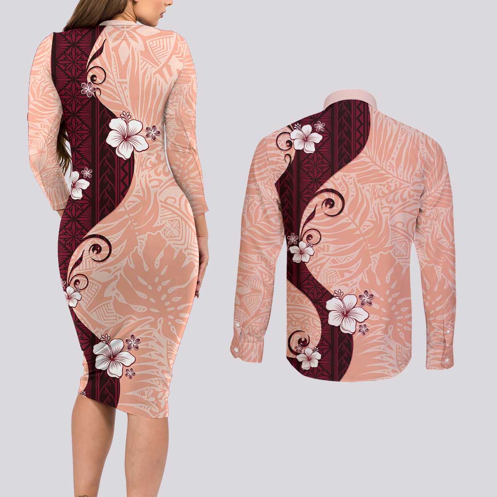Polynesia Hibiscus Couples Matching Long Sleeve Bodycon Dress and Long Sleeve Button Shirt Rose Bud Curve Motif - Polynesian Pride