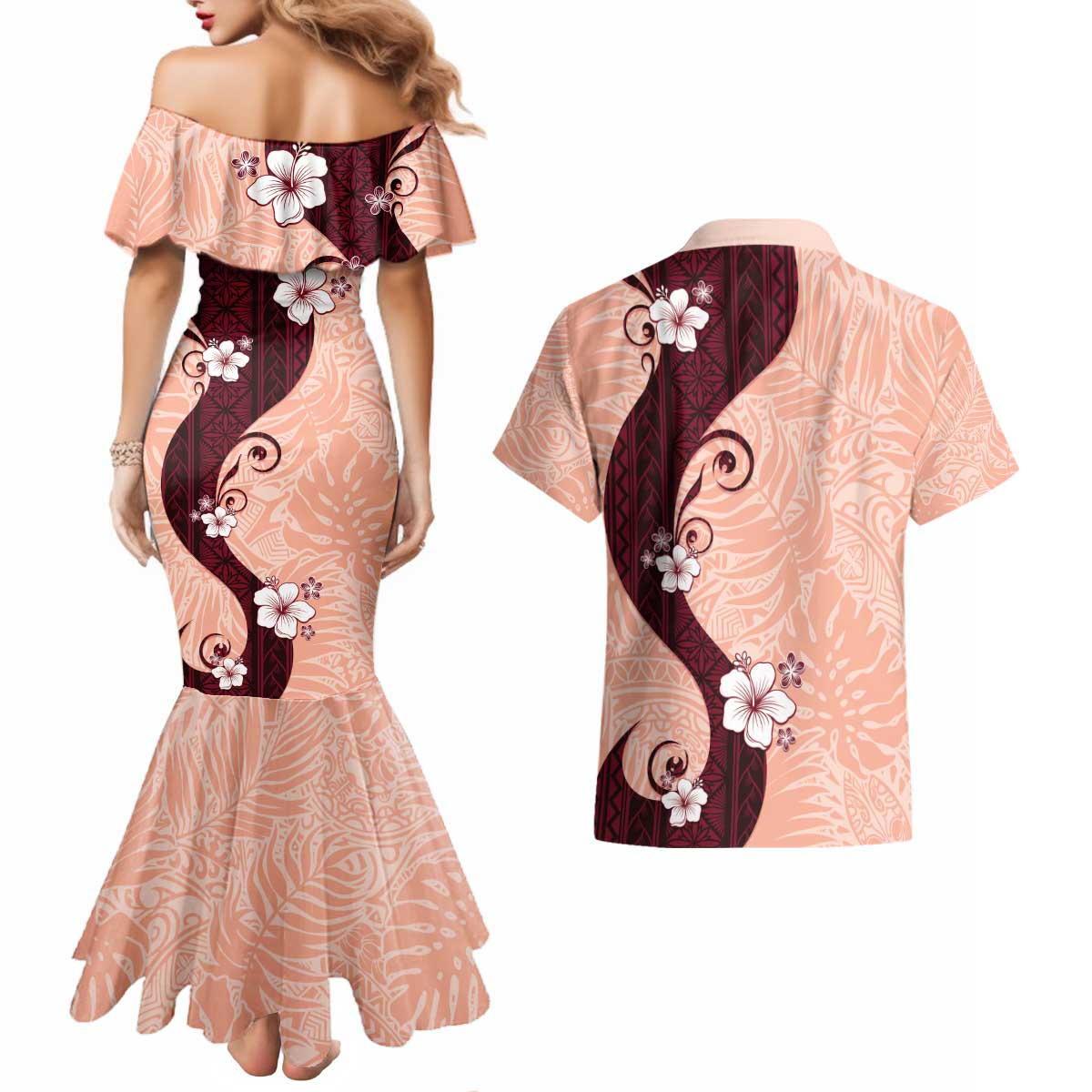 Polynesia Hibiscus Couples Matching Mermaid Dress and Hawaiian Shirt Rose Bud Curve Motif - Polynesian Pride