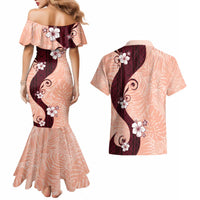 Polynesia Hibiscus Couples Matching Mermaid Dress and Hawaiian Shirt Rose Bud Curve Motif - Polynesian Pride