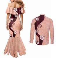 Polynesia Hibiscus Couples Matching Mermaid Dress and Long Sleeve Button Shirt Rose Bud Curve Motif - Polynesian Pride