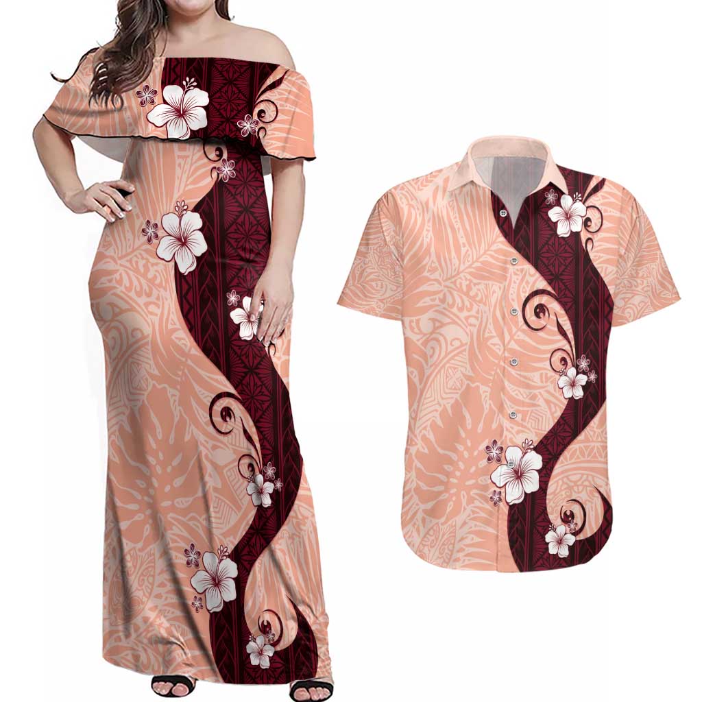 Polynesia Hibiscus Couples Matching Off Shoulder Maxi Dress and Hawaiian Shirt Rose Bud Curve Motif - Polynesian Pride