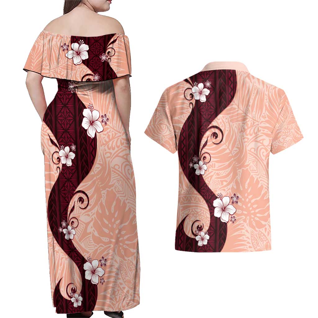 Polynesia Hibiscus Couples Matching Off Shoulder Maxi Dress and Hawaiian Shirt Rose Bud Curve Motif - Polynesian Pride