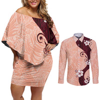 Polynesia Hibiscus Couples Matching Off Shoulder Short Dress and Long Sleeve Button Shirt Rose Bud Curve Motif - Polynesian Pride