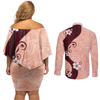 Polynesia Hibiscus Couples Matching Off Shoulder Short Dress and Long Sleeve Button Shirt Rose Bud Curve Motif - Polynesian Pride