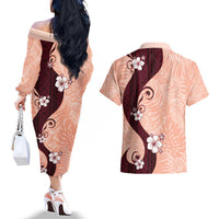 Polynesia Hibiscus Couples Matching Off The Shoulder Long Sleeve Dress and Hawaiian Shirt Rose Bud Curve Motif - Polynesian Pride