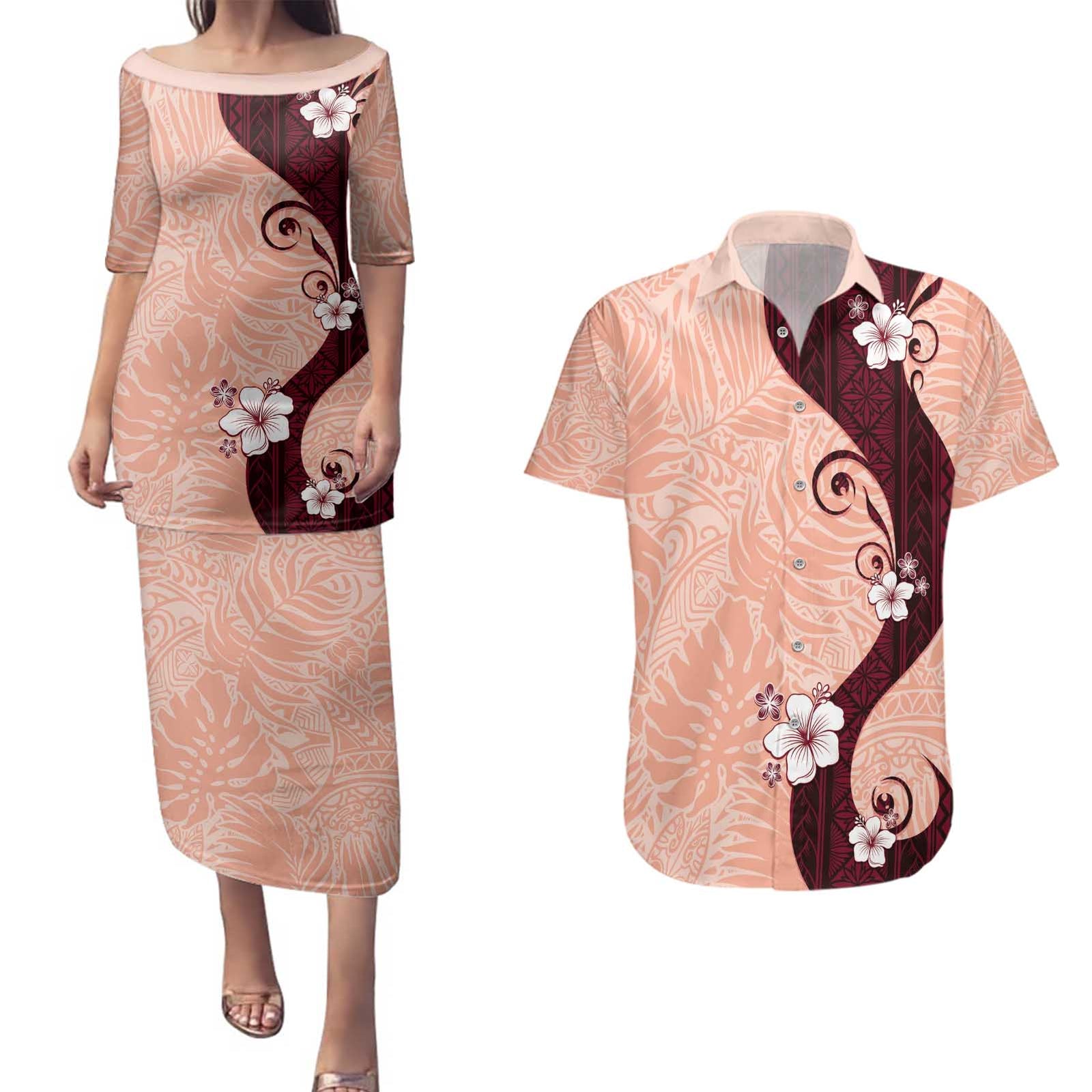 Polynesia Hibiscus Couples Matching Puletasi and Hawaiian Shirt Rose Bud Curve Motif LT05 Red - Polynesian Pride