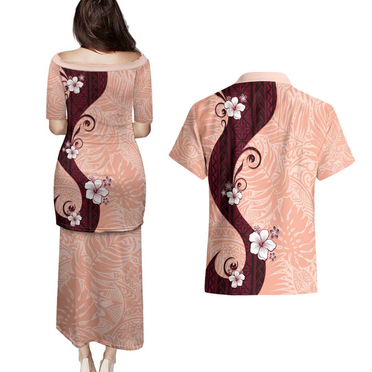 Polynesia Hibiscus Couples Matching Puletasi and Hawaiian Shirt Rose Bud Curve Motif - Polynesian Pride