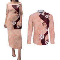 Polynesia Hibiscus Couples Matching Puletasi and Long Sleeve Button Shirt Rose Bud Curve Motif - Polynesian Pride