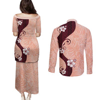 Polynesia Hibiscus Couples Matching Puletasi and Long Sleeve Button Shirt Rose Bud Curve Motif - Polynesian Pride