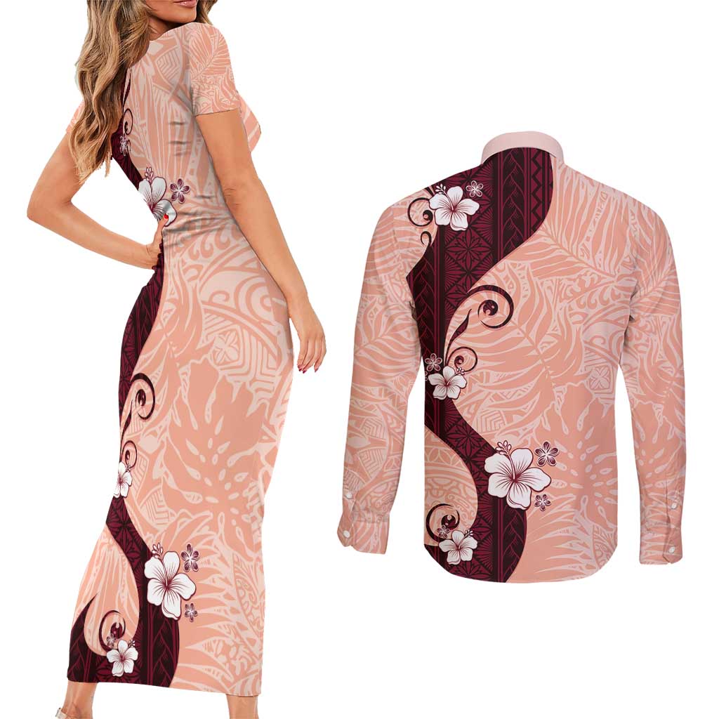 Polynesia Hibiscus Couples Matching Short Sleeve Bodycon Dress and Long Sleeve Button Shirt Rose Bud Curve Motif LT05 - Polynesian Pride