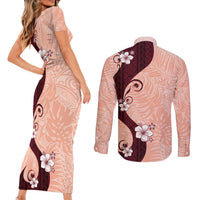 Polynesia Hibiscus Couples Matching Short Sleeve Bodycon Dress and Long Sleeve Button Shirt Rose Bud Curve Motif LT05 - Polynesian Pride