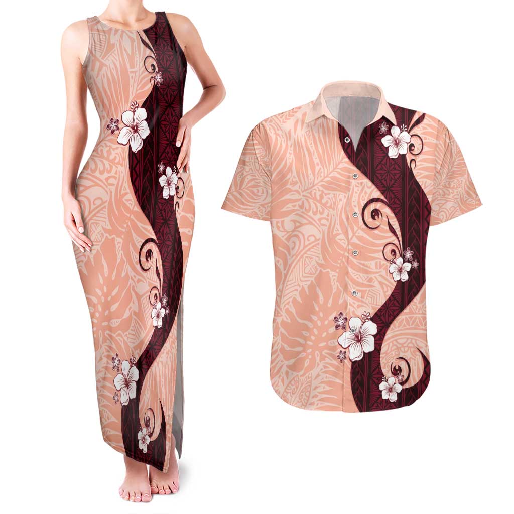 Polynesia Hibiscus Couples Matching Tank Maxi Dress and Hawaiian Shirt Rose Bud Curve Motif - Polynesian Pride