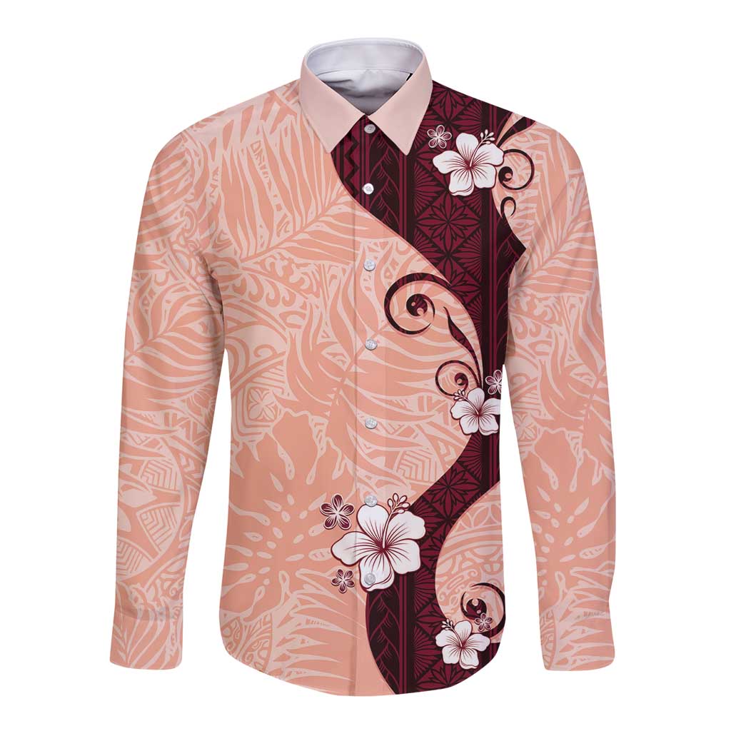 Polynesia Hibiscus Long Sleeve Button Shirt Rose Bud Curve Motif - Polynesian Pride