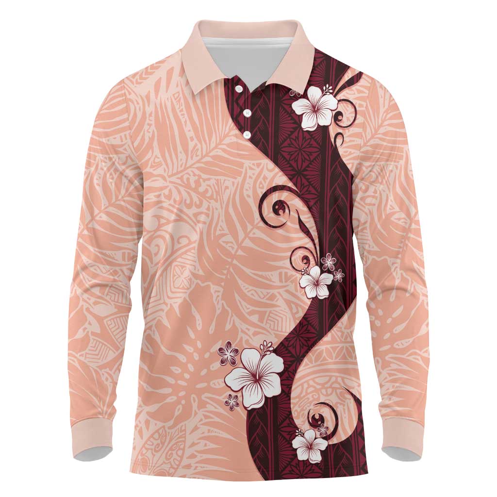 Polynesia Hibiscus Long Sleeve Polo Shirt Rose Bud Curve Motif - Polynesian Pride
