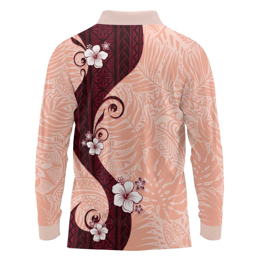 Polynesia Hibiscus Long Sleeve Polo Shirt Rose Bud Curve Motif - Polynesian Pride