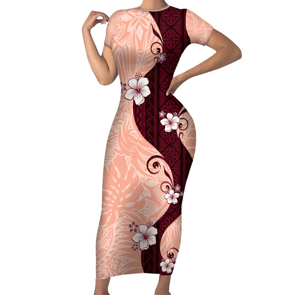 Polynesia Hibiscus Short Sleeve Bodycon Dress Rose Bud Curve Motif - Polynesian Pride