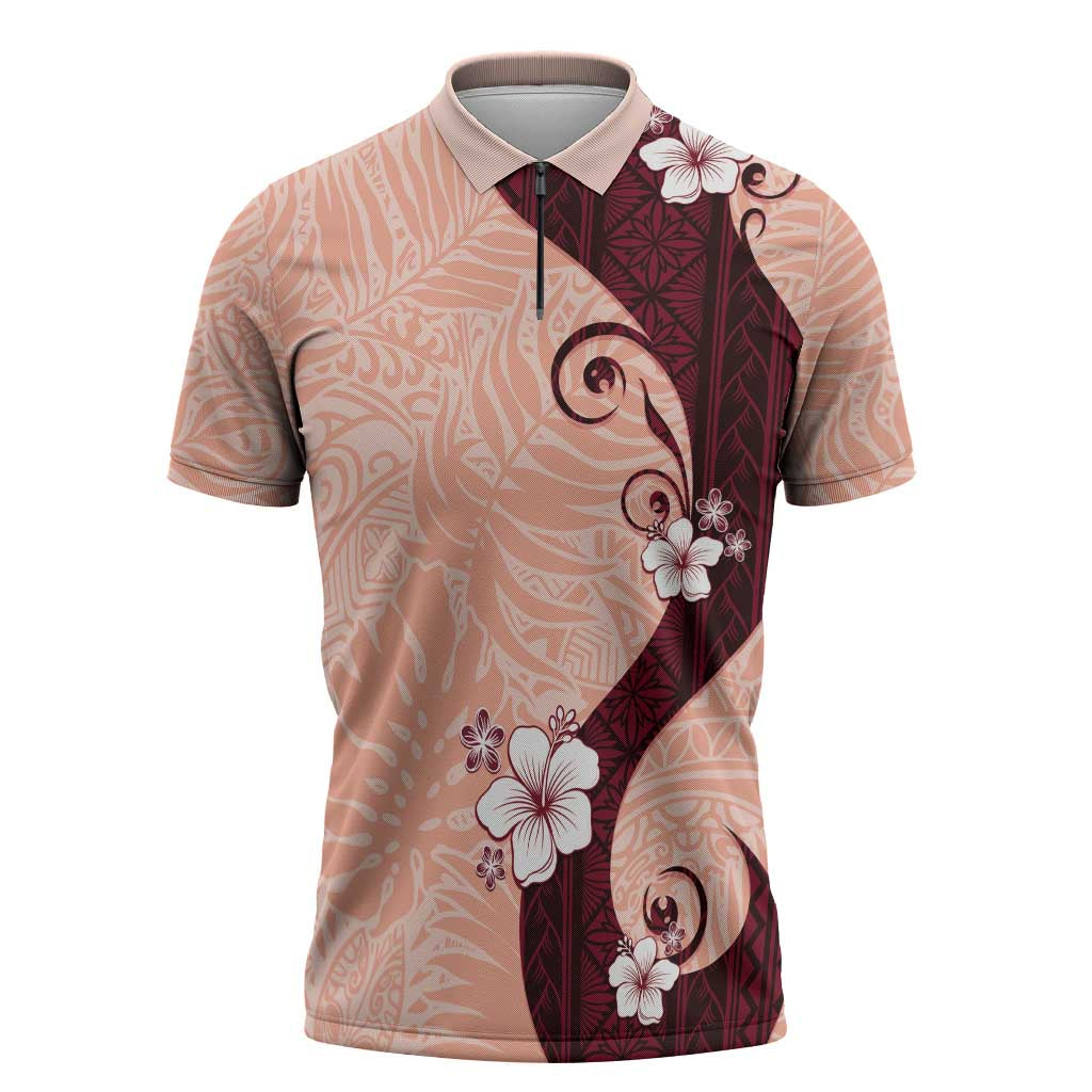 Polynesia Hibiscus Zipper Polo Shirt Rose Bud Curve Motif - Polynesian Pride