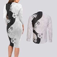 Polynesia Hibiscus Couples Matching Long Sleeve Bodycon Dress and Long Sleeve Button Shirt White Curve Motif - Polynesian Pride
