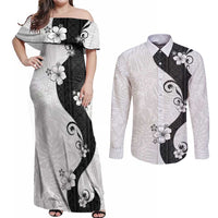 Polynesia Hibiscus Couples Matching Off Shoulder Maxi Dress and Long Sleeve Button Shirt White Curve Motif - Polynesian Pride
