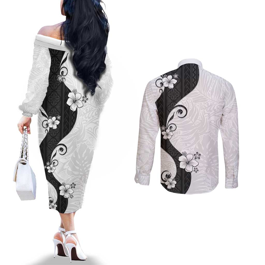 Polynesia Hibiscus Couples Matching Off The Shoulder Long Sleeve Dress and Long Sleeve Button Shirt White Curve Motif - Polynesian Pride