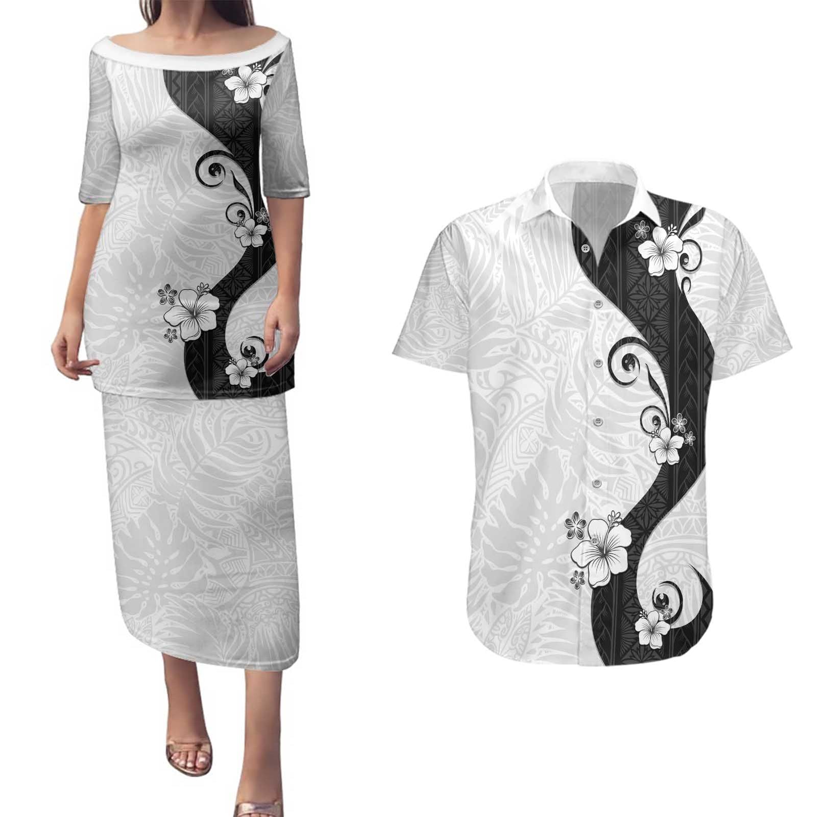 Polynesia Hibiscus Couples Matching Puletasi and Hawaiian Shirt White Curve Motif LT05 White - Polynesian Pride
