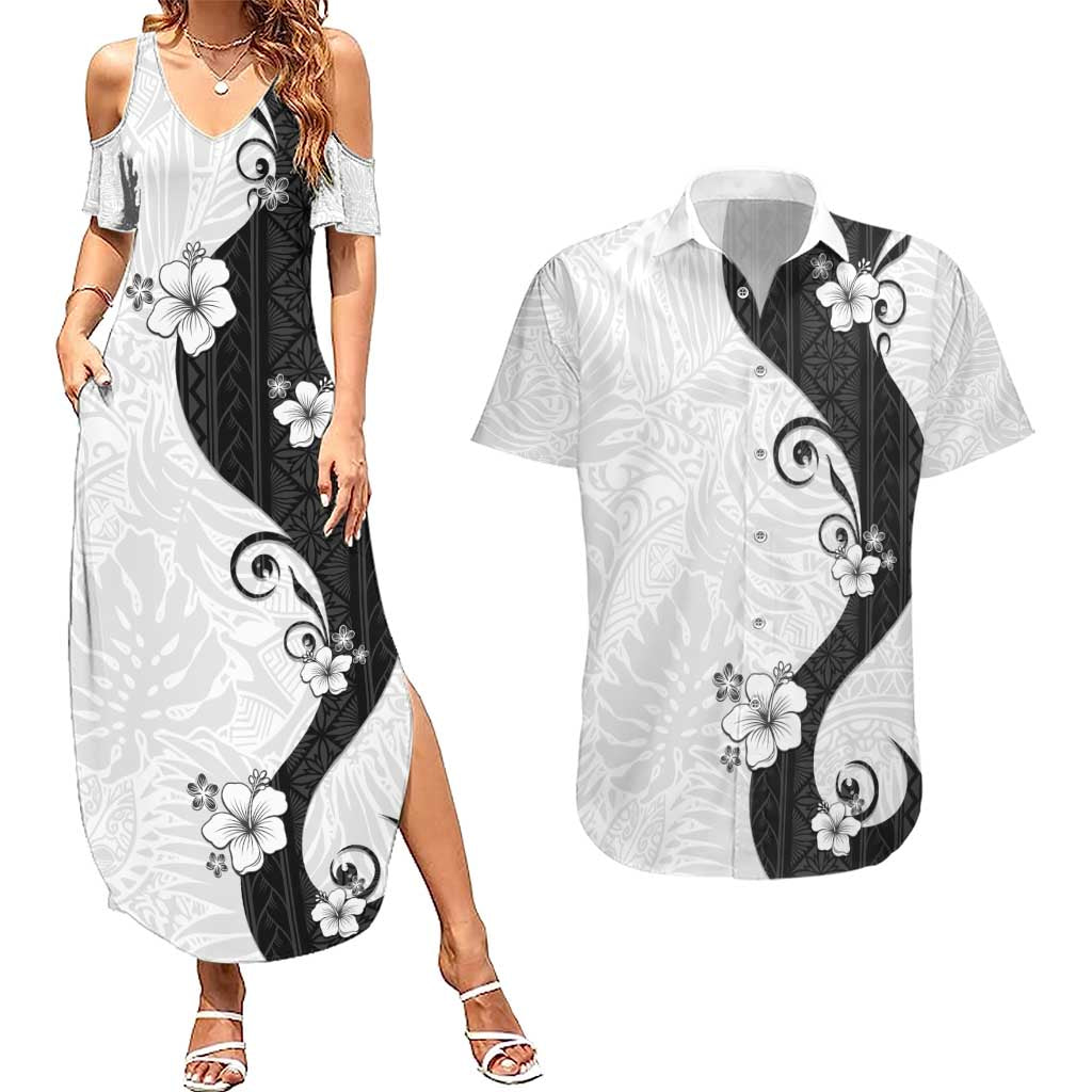 Polynesia Hibiscus Couples Matching Summer Maxi Dress and Hawaiian Shirt White Curve Motif - Polynesian Pride