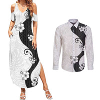 Polynesia Hibiscus Couples Matching Summer Maxi Dress and Long Sleeve Button Shirt White Curve Motif - Polynesian Pride