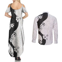 Polynesia Hibiscus Couples Matching Summer Maxi Dress and Long Sleeve Button Shirt White Curve Motif - Polynesian Pride