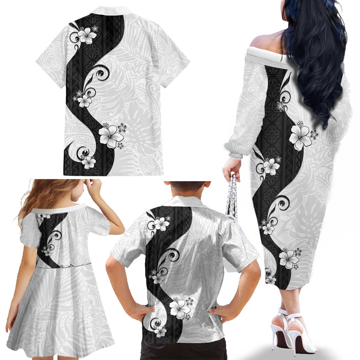 Polynesia Hibiscus Family Matching Off The Shoulder Long Sleeve Dress and Hawaiian Shirt White Curve Motif - Polynesian Pride