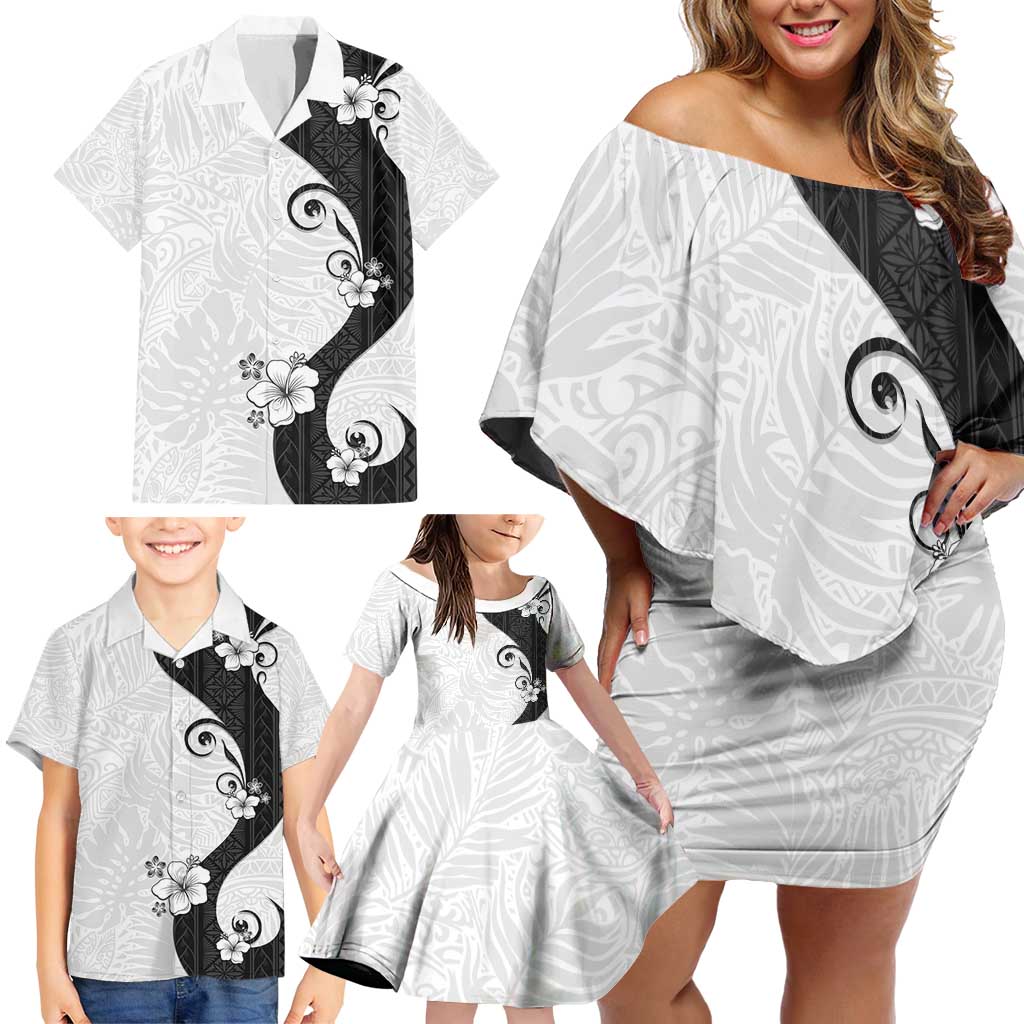 Polynesia Hibiscus Family Matching Off Shoulder Short Dress and Hawaiian Shirt White Curve Motif - Polynesian Pride
