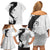 Polynesia Hibiscus Family Matching Off Shoulder Short Dress and Hawaiian Shirt White Curve Motif - Polynesian Pride