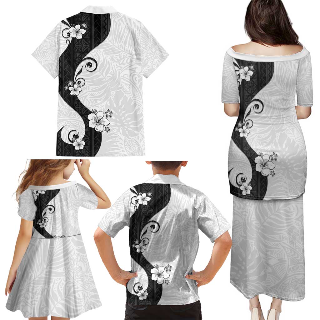 Polynesia Hibiscus Family Matching Puletasi and Hawaiian Shirt White Curve Motif - Polynesian Pride